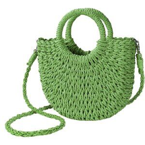 Women's Green Straw Beach Woven Cross Body Shoulder Top Handle Satchel Handbag